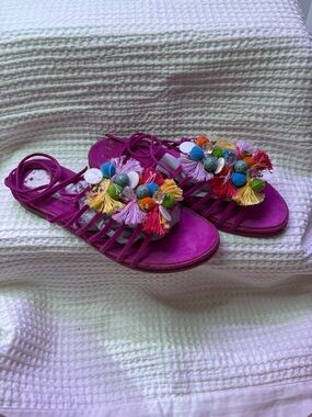 Stuart Weitzman Noodles Fuchsia Pom Pom Tassel Strappy Sandals, Size 9.5